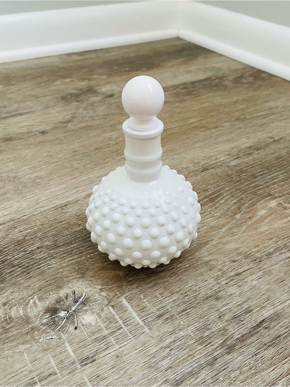 Cracker Barrel Decorative White Hobnail Glass Bottle with Ball Stopper - Picture 5 of 6
